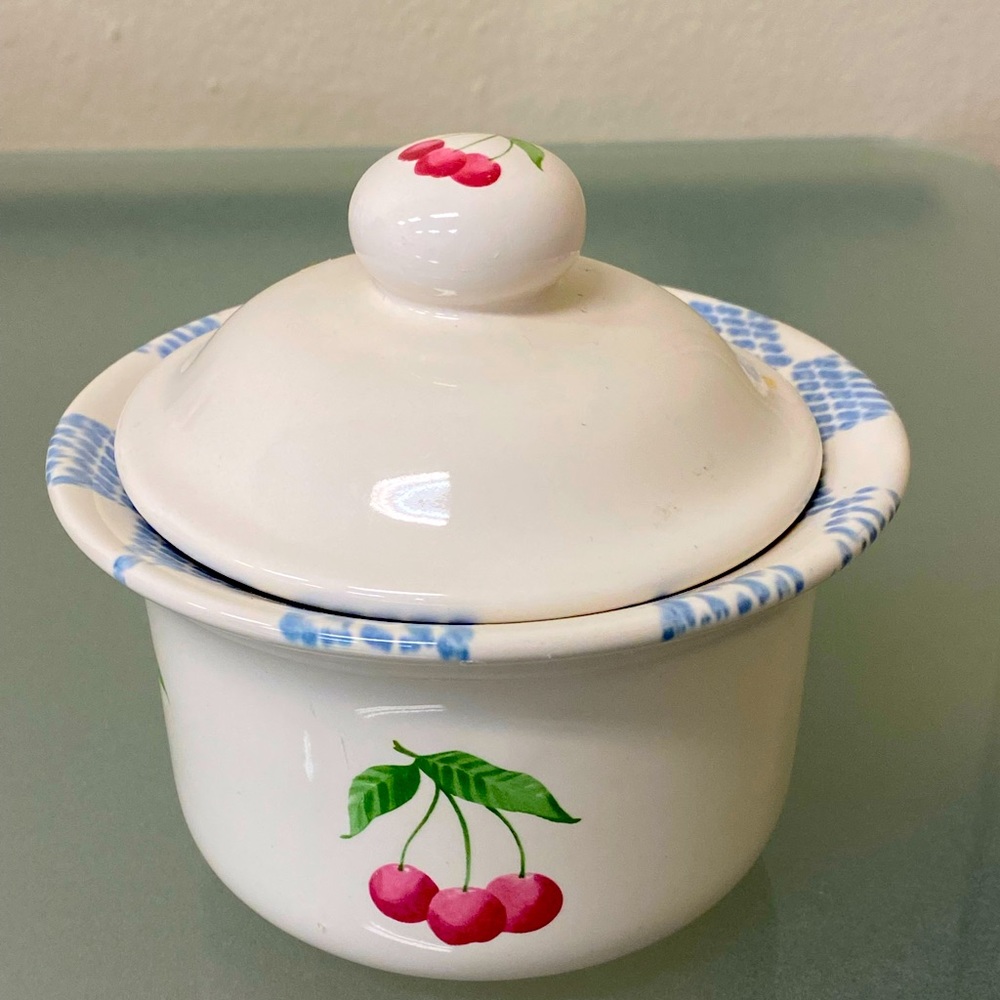 Pfaltzgraff Lidded Porcelain Jam Dish Peach Pear Cherry Plum Details 4.75" Tall